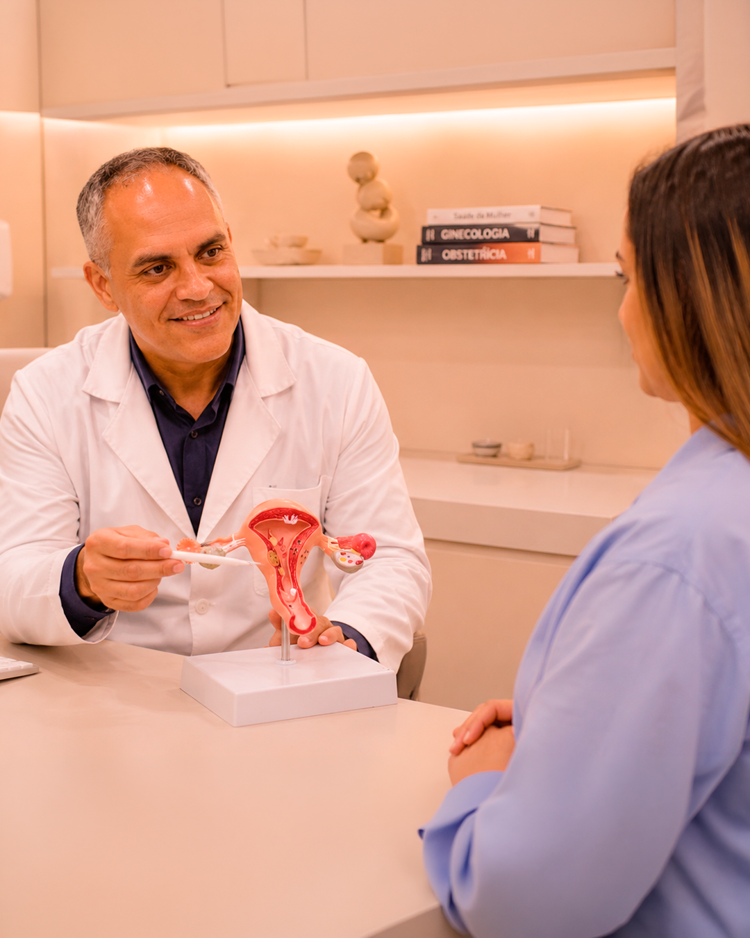 Dr. Vinícius Moura explicando a anatomia com um modelo durante a consulta
