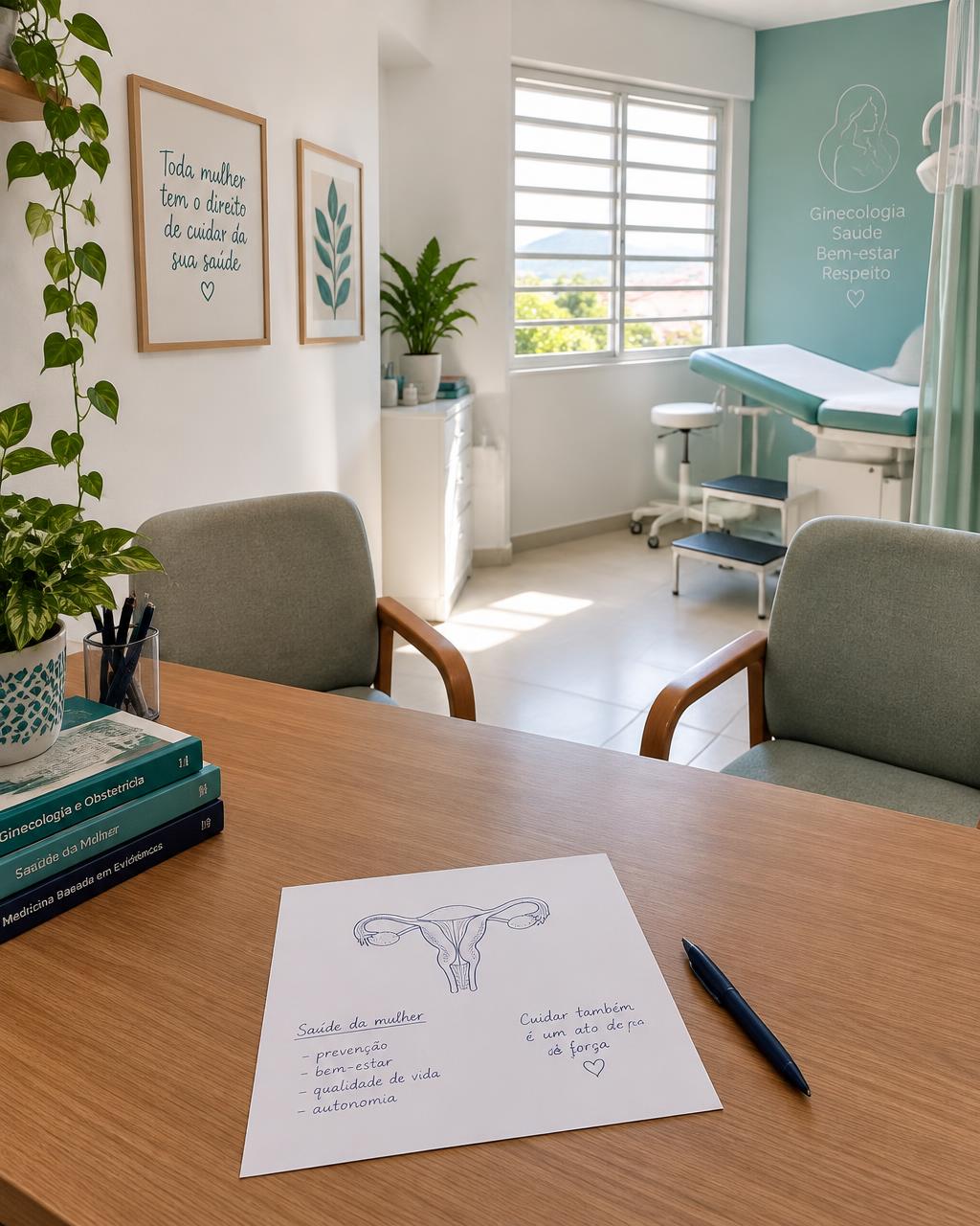Mesa do consultório com folha de papel e desenho explicativo