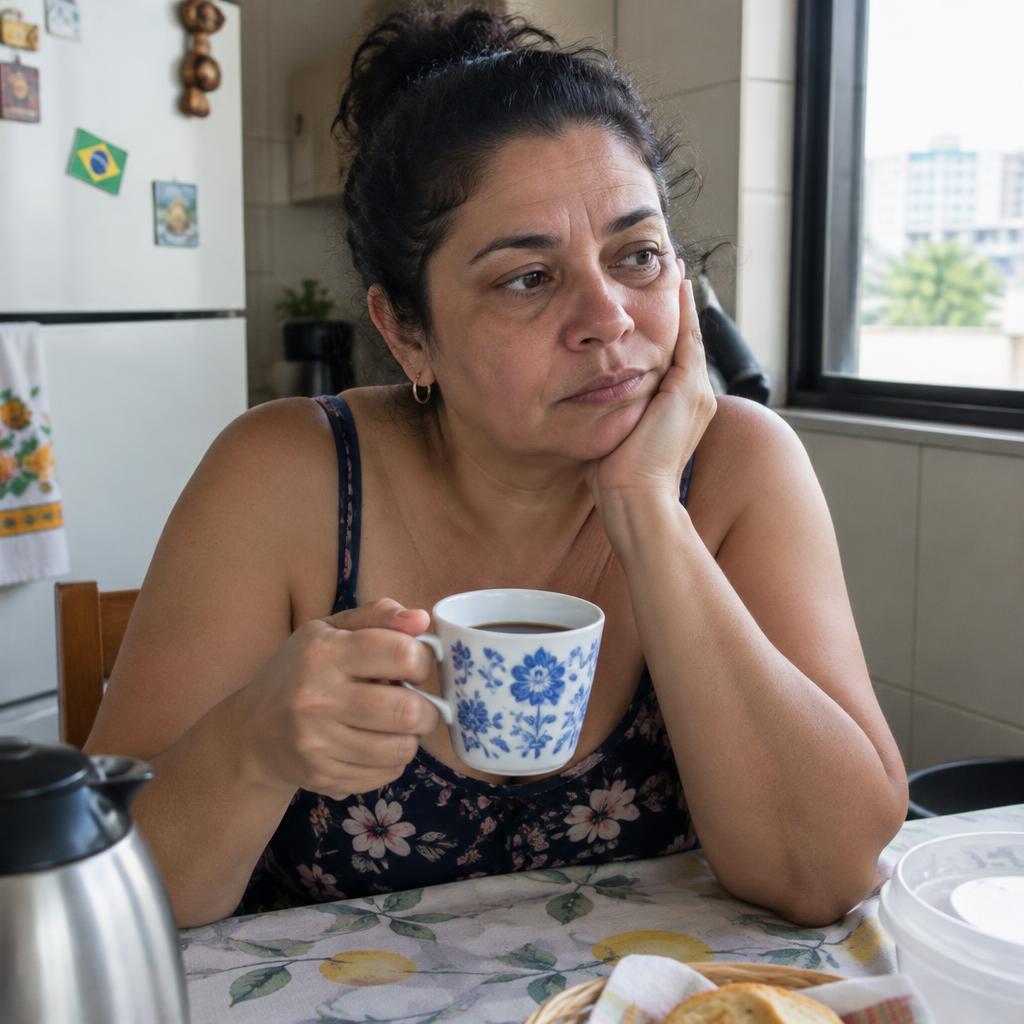 Mulher tomando café na cozinha pela manhã, imagem ilustrativa